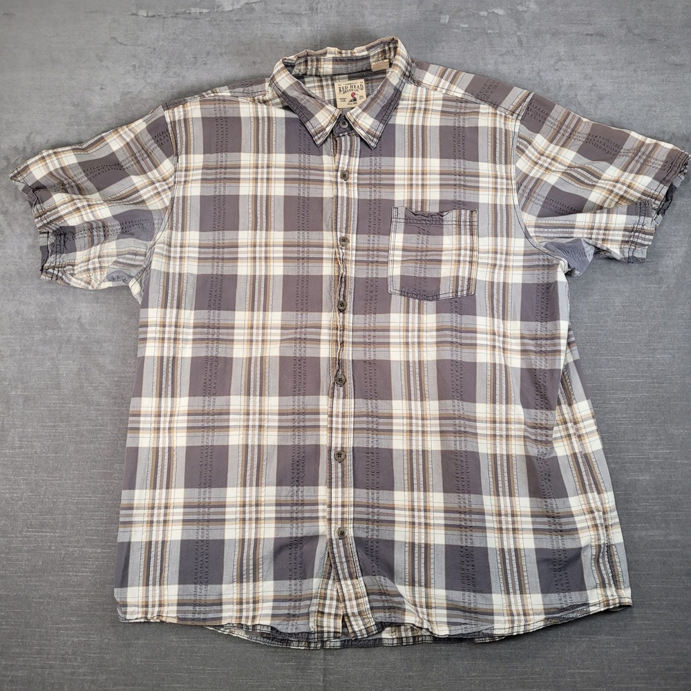 Red Head Vintage Plaid Button Up Short Sleeve Casual‎ Shirt 2XL